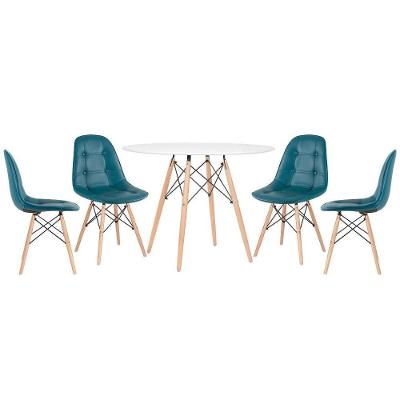 Mesa Redonda Eames 100 Cm Branco + 4 Cadeiras Estofadas Eiffel Botonê Turquesa Turquesa