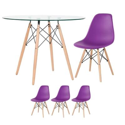 Mesa Redonda Eames Com Tampo De Vidro 100 Cm + 3 Cadeiras Eiffel Dsw Roxo