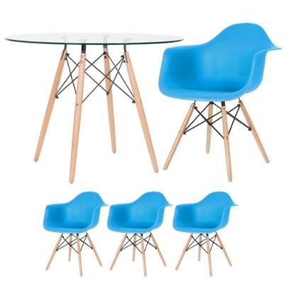 Mesa Redonda Tampo De Vidro 100 Cm + 3 Cadeiras Azul Céu