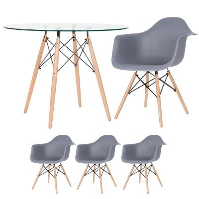 Mesa Redonda Tampo De Vidro 100 Cm + 3 Cadeiras Cinza Escuro