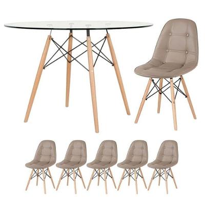 Mesa Eames Com Tampo De Vidro 120 Cm + 5 Cadeiras Estofadas Eiffel Botonê Nude