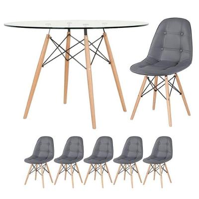 Mesa Eames Com Tampo De Vidro 120 Cm + 5 Cadeiras Estofadas Eiffel Botonê Cinza Escuro