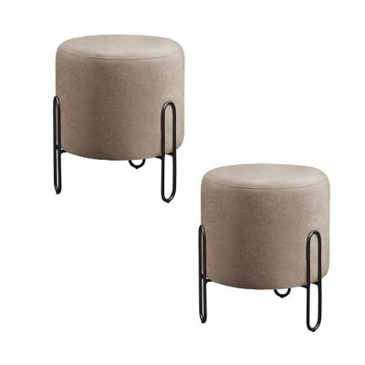 Conjunto - 2 Puffs Banqueta Mali Luxo Base Metálica Preta Linho Cappuccino