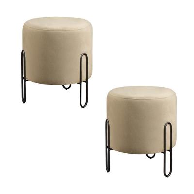 Conjunto - 2 Puffs Banqueta Mali Luxo Base Metálica Preta Linho Bege