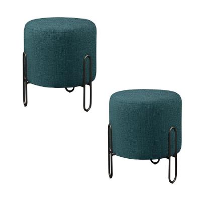 Conjunto - 2 Puffs Banqueta Mali Luxo Base Metálica Preta Linho Azul