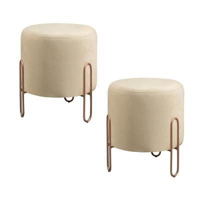 Conjunto - 2 Puffs Banqueta Mali Luxo Base Metálica Bronze Veludo Bege Claro