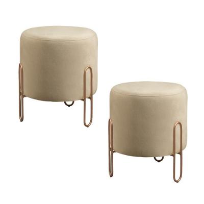 Conjunto - 2 Puffs Banqueta Mali Luxo Base Metálica Bronze Linho Bege