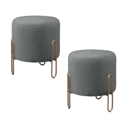 Conjunto - 2 Puffs Banqueta Mali Luxo Base Metálica Bronze Linho Cinza