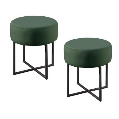 Conjunto - 2 Puffs Banqueta Otávio Base Metálica Preta Luxo Veludo Verde