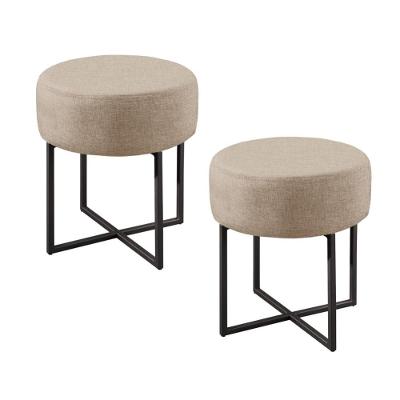 Conjunto - 2 Puffs Banqueta Otávio Base Metálica Preta Luxo Linho Bege