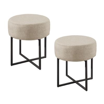 Conjunto - 2 Puffs Banqueta Otávio Base Metálica Preta Luxo Linho Bege Claro