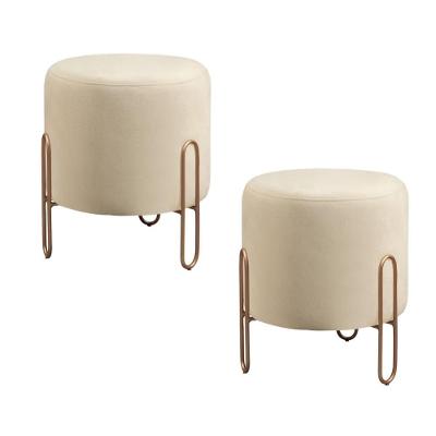 Conjunto - 2 Puffs Banqueta Mali Luxo Base Metálica Bronze Linho Bege Claro