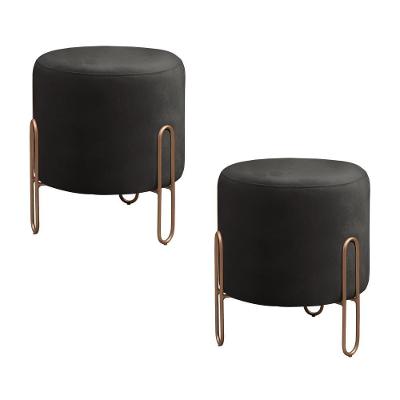 Conjunto - 2 Puffs Banqueta Mali Luxo Base Metálica Bronze Corino Preto