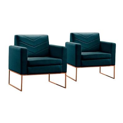 Conjunto - 2 Poltronas Apolo Luxo Base Bronze Castellar Linho Azul