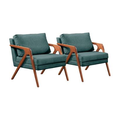 Conjunto - 2 Poltronas Mona Luxo Madeira Maciça Castellar Linho Azul
