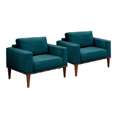 Conjunto - 2 Poltronas Bella Luxo Madeira Maciça Castellar Linho Azul
