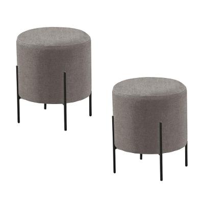 Conjunto - 2 Puffs Banqueta Odim Base Metálica Preta Luxo Linho Cinza