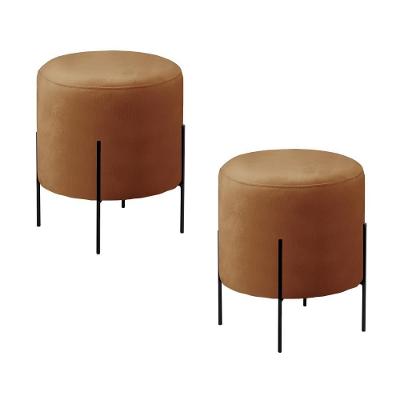 Conjunto - 2 Puffs Banqueta Odim Base Metálica Preta Luxo Corino Caramelo