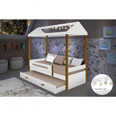 Cama Casa Sara Branco/Mel Com Cordão De Luzes Led E Cama Auxiliar Com 2 Colchões