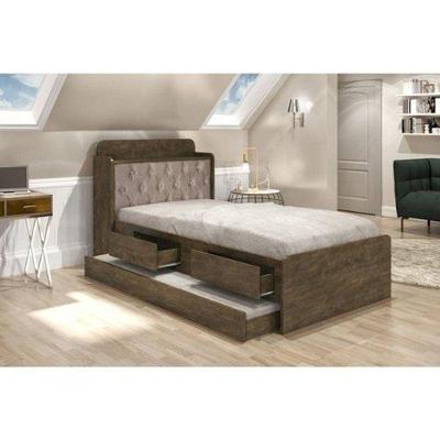 Cama Tamires Solteiro 0,88cm Com Auxiliar Castanho Com Capitonê Bege - Cambel