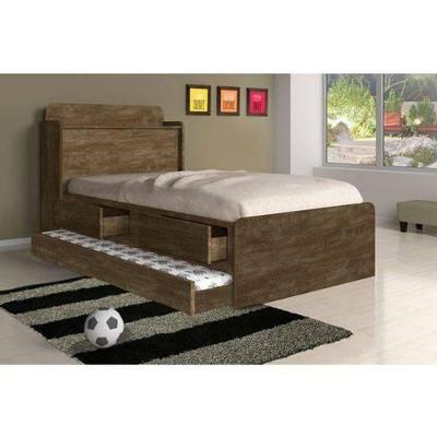 Cama Solteiro Tamires Baú Castanho Com Auxiliar