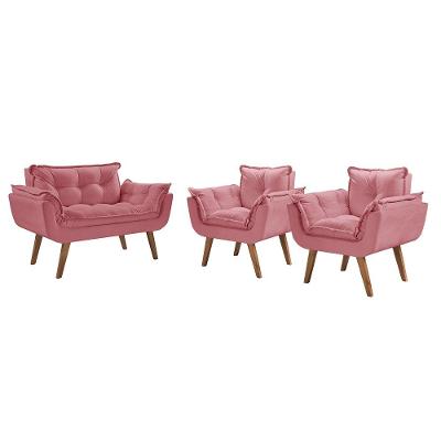 Kit Poltronas 1 Namoradeira e 2 Poltronas de 1 Lugar Rosa