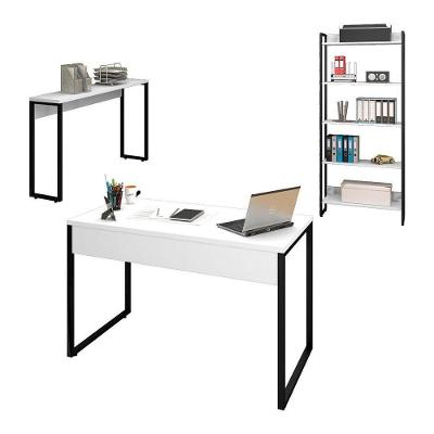 Conjunto Escritório Mesa Aparador Estante Industrial Branco