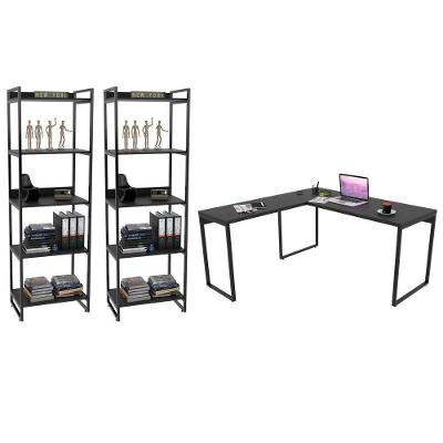 Kit Escritório Estilo Industrial Mesa e 2 Estantes Preto Onix
