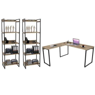 Kit Escritório Estilo Industrial Mesa e 2 Estantes Carvalho