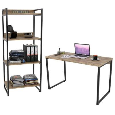 Kit Escritório Estilo Industrial Mesa e Estante Carvalho