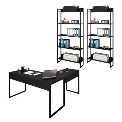 Kit Escritório 1 Mesa em L e 2 Estantes Industrial M18 Preto