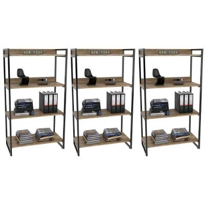 Kit 3 Estantes Livreiro Estilo Industrial 80cm Carvalho