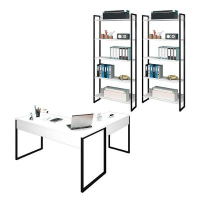 Kit Escritório 1 Mesa em L e 2 Estantes Industrial Branco