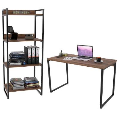Kit Escritório Estilo Industrial Mesa 120cm e Estante Nogal