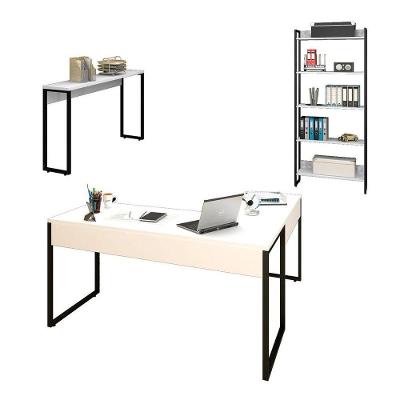 Kit Escritório 3 Peças Mesa em L Estante e Aparador Branco