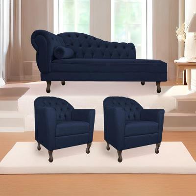 Kit Diva Recamier Diana 130cm Lado Direito e 02 Poltronas Julia Corano Azul Marinho