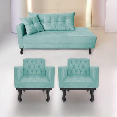 Kit Diva Recamier Azura 160cm Lado Direito e 02 Poltronas Classic Suede Azul tiffany
