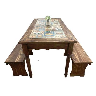 Mesa Detalhes Azulejo 2 Bancos 1,60m Madeira Rusticos Bento