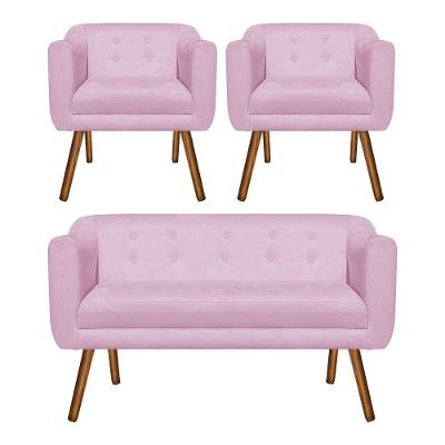 Kit Sofá Retrô 02 Lugares e 02 Poltronas Júlia Rosa Bebê