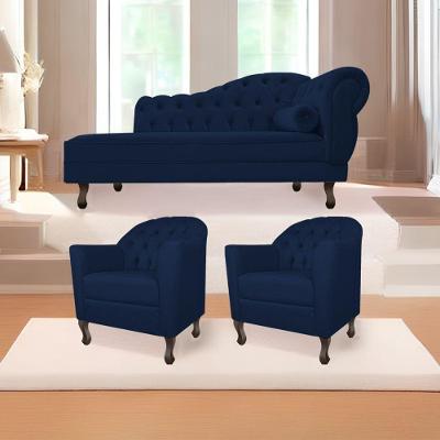 Kit Diva Recamier Diana 130cm Lado Esquerdo e 02 Poltronas Julia Suede Azul Marinho