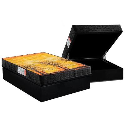 Cama Box Baú Casal: Colchão Espuma Anjos D28 / Ag65 Pantanal + Base Crc Suede Black(138X188)