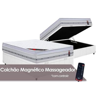 Cama Box Baú Casal: Colchão c/Vibro Massagem Castor Molas Pocket Magnético Gold Star + Base CRC Courano White(138x188)