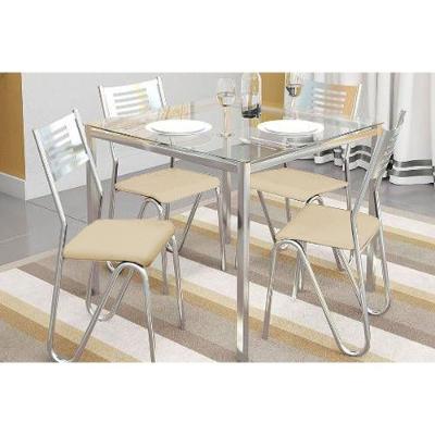 Conjunto: Mesa Sala Jantar Reno c/ Tampo Vidro 90cm + 4 Cadeiras Nápoles Cromado/Courano Nude - Kappesberg