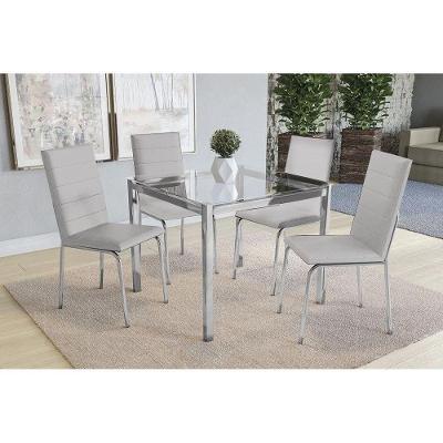 Conjunto: Mesa Sala Jantar Reno c/ Tampo Vidro 90cm + 4 Cadeiras Amsterdã Cromado/Courano Branco - Kappesberg