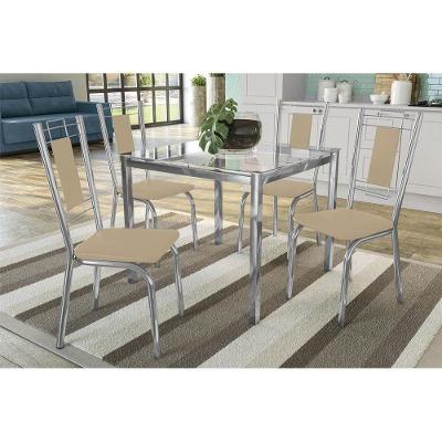 Conjunto: Mesa Sala Jantar Reno c/ Tampo Vidro 90cm + 4 Cadeiras Florença Cromado/Courano Nude - Kappesberg