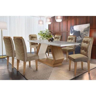 Conjunto: Mesa Sala Jantar Alvorada Tampo Madeirado c/ Vidro 180cm Canto Reto + 6 Cadeiras Imperatriz Imbuia/Chocolate - Rufato