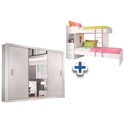 Colchão Pérola Polar (2un) + Guarda Roupa Veneza Luxo + Beliche Plus Branco