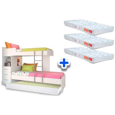 Colchão Pérola Polar (3un) + Beliche Plus c/ Auxiliar Branco