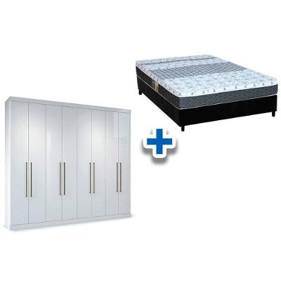 Cama Box Casal + Colchão Class Castor + Guarda Roupa Master Vip 8.4 Branco