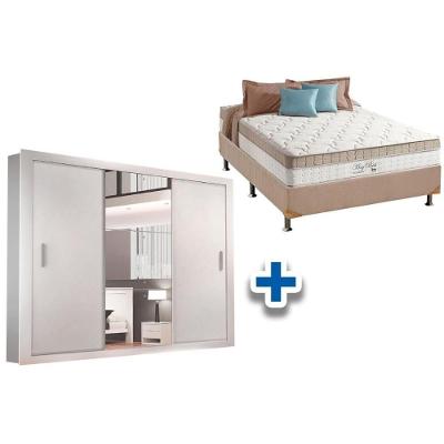 Cama Box Casal + Colchão King Best + Guarda Roupa Veneza Luxo Branco